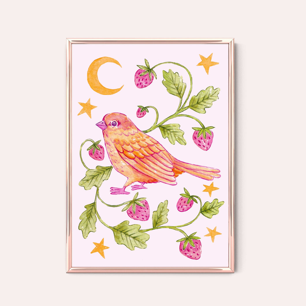 Sparrow & Strawberries Print