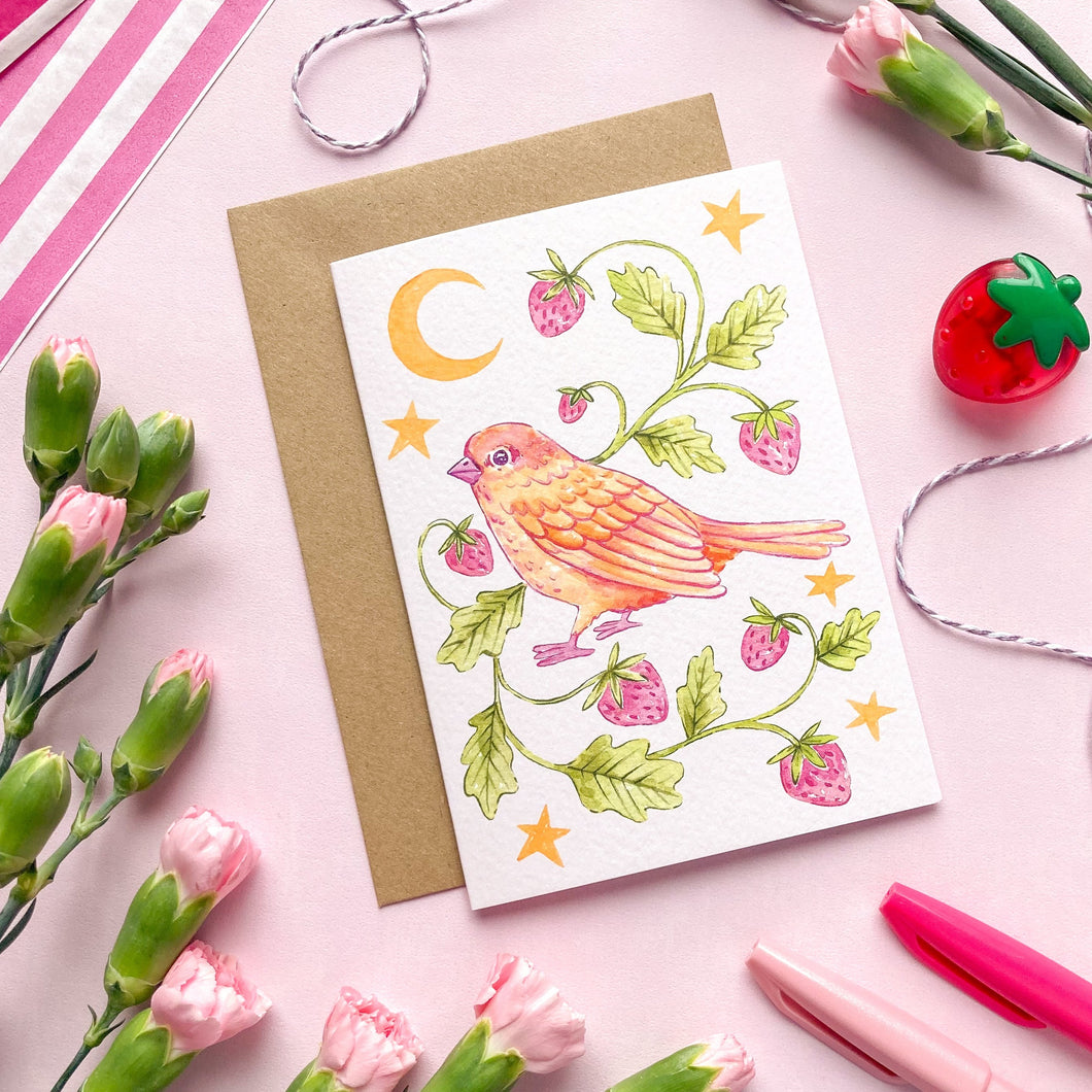Sparrow & Strawberries | Greeting Card